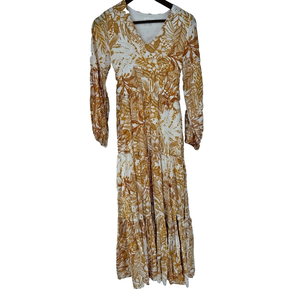 Bohme Maxi Dress XS Yellow lined tiered boho cottagecore festival spring tie